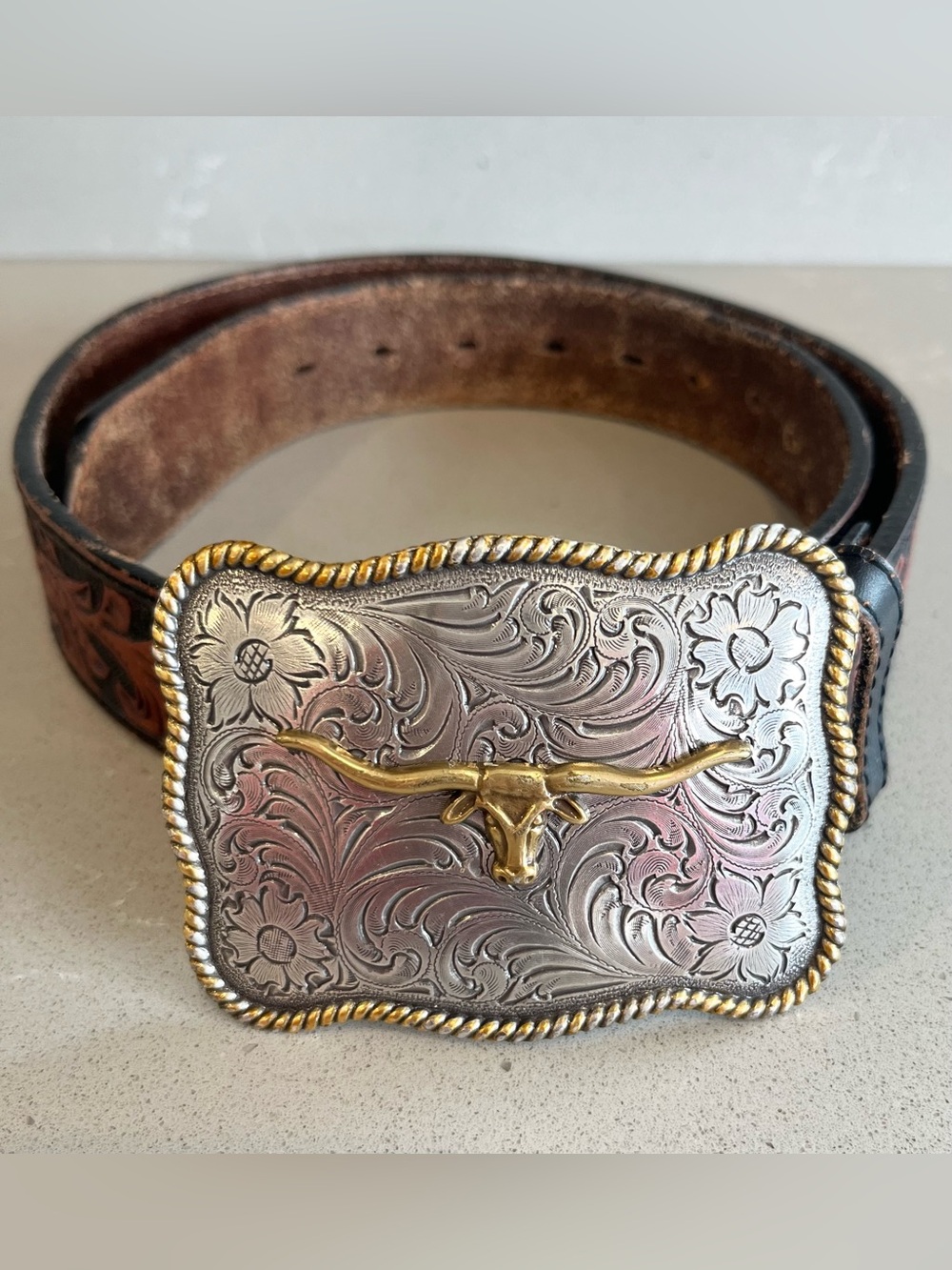 Nocona Western Cowboy Floral Leather Belt Longhorn Steer Silver Gold Buckle 34